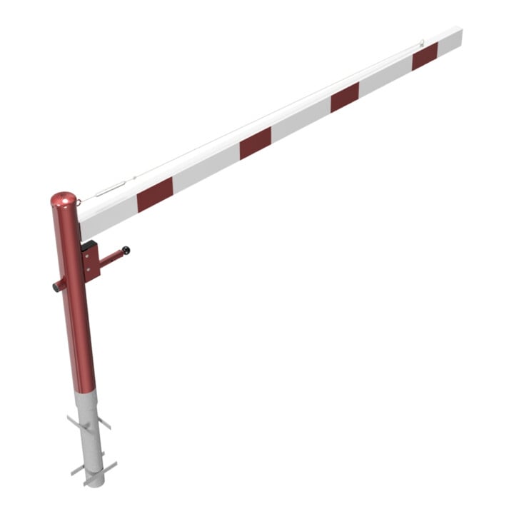 Schake Drehschranke 2,50m + Dreikantverschluss + Seilzugverstärkung, Drehpfosten: Ø 102mm, rot (RAL 3001) Schrankenarm: Aluminiumrohr 100x50mm, weiß / rot zum Einbetonieren