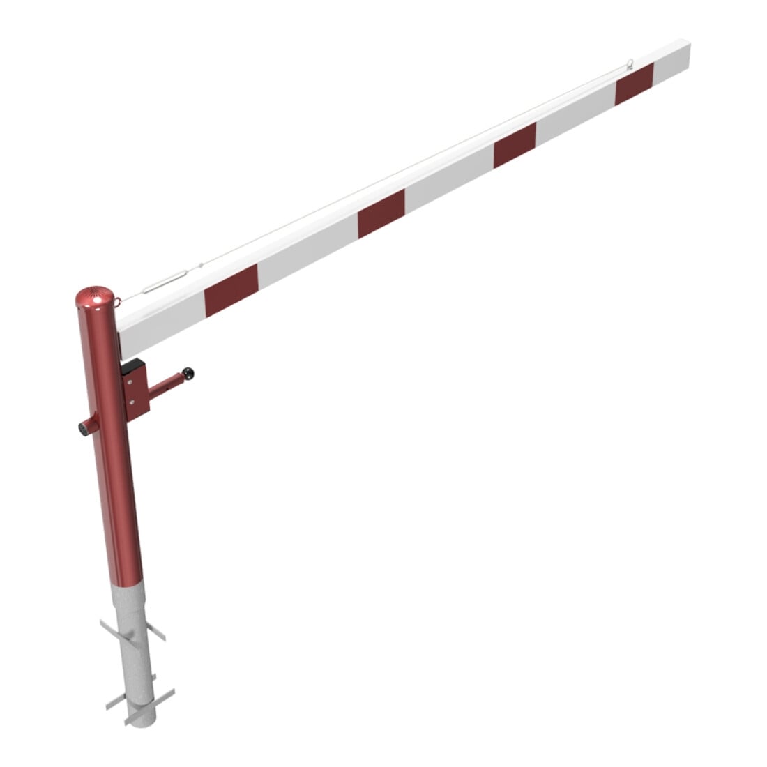 Schake Drehschranke 2,50m + Dreikantverschluss + Seilzugverstärkung, Drehpfosten: Ø 102mm, rot (RAL 3001) Schrankenarm: Aluminiumrohr 100x50mm, weiß / rot zum Einbetonieren