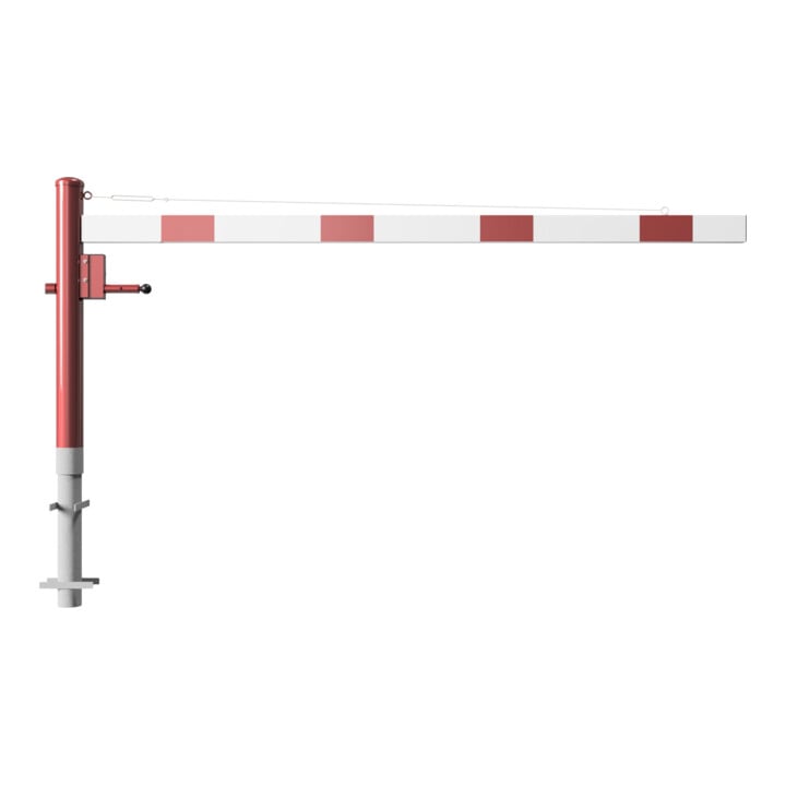 Schake Drehschranke 2,50m + Dreikantverschluss + Seilzugverstärkung, Drehpfosten: Ø 102mm, rot (RAL 3001) Schrankenarm: Aluminiumrohr 100x50mm, weiß / rot zum Einbetonieren
