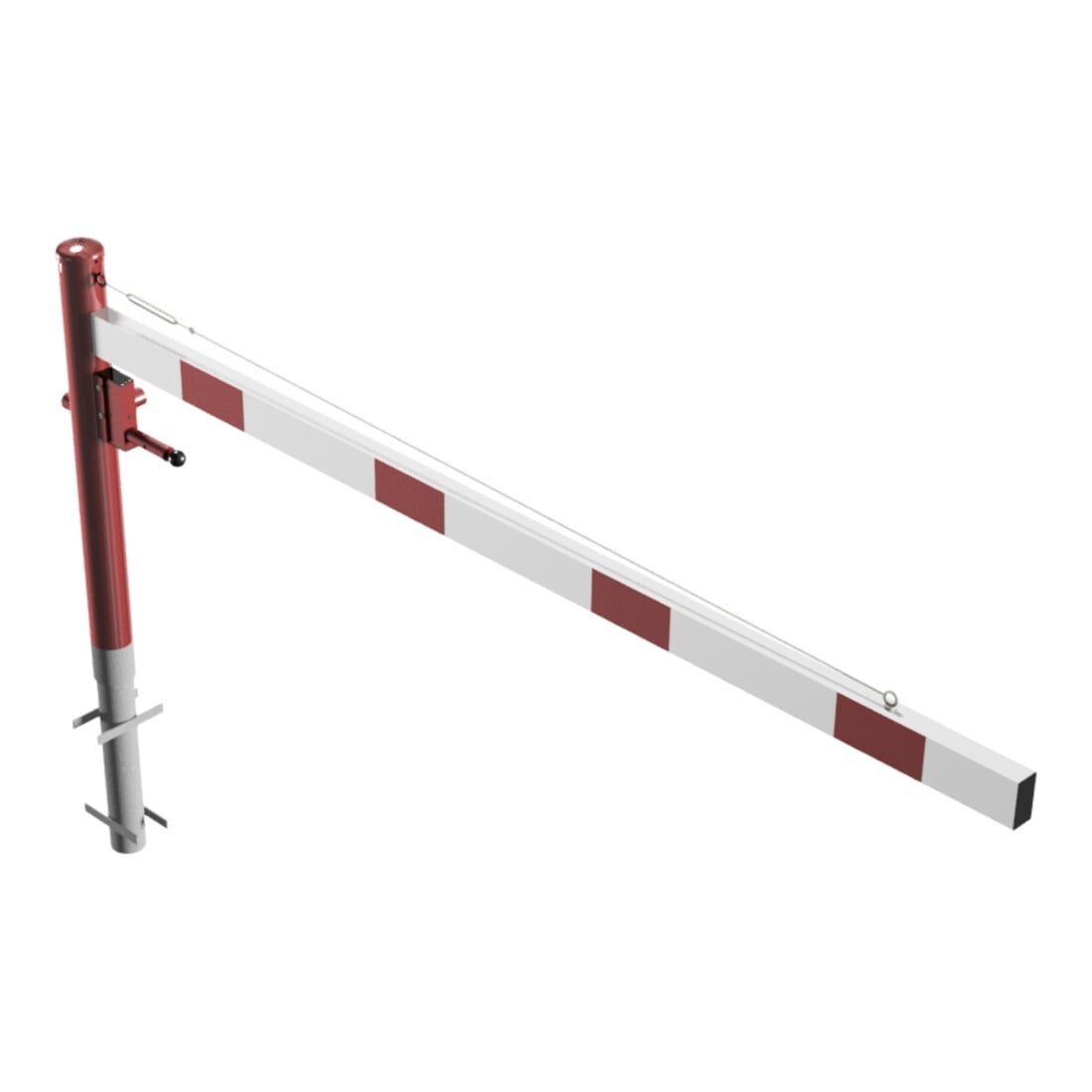 Schake Drehschranke 2,50m + Dreikantverschluss + Seilzugverstärkung, Drehpfosten: Ø 102mm, rot (RAL 3001) Schrankenarm: Aluminiumrohr 100x50mm, weiß / rot zum Einbetonieren
