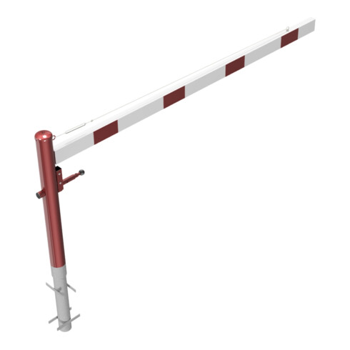 Schake Drehschranke 2,50m, für Vorhangschloss + Seilzugverstärkung, Drehpfosten: Ø 102mm, rot (RAL 3001) Schrankenarm: Aluminiumrohr 100x50mm, weiß / rot zum Einbetonieren