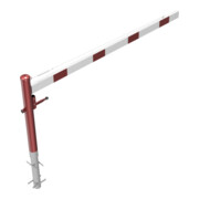 Schake Drehschranke 2,50m, für Vorhangschloss + Seilzugverstärkung, Drehpfosten: Ø 102mm, rot (RAL 3001) Schrankenarm: Aluminiumrohr 100x50mm, weiß / rot zum Einbetonieren-2
