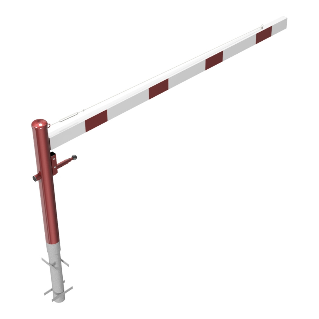 Schake Drehschranke 2,50m, für Vorhangschloss + Seilzugverstärkung, Drehpfosten: Ø 102mm, rot (RAL 3001) Schrankenarm: Aluminiumrohr 100x50mm, weiß / rot zum Einbetonieren