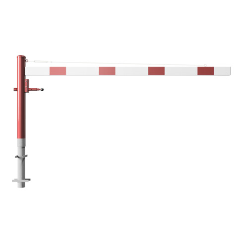 Schake Drehschranke 2,50m, für Vorhangschloss + Seilzugverstärkung, Drehpfosten: Ø 102mm, rot (RAL 3001) Schrankenarm: Aluminiumrohr 100x50mm, weiß / rot zum Einbetonieren