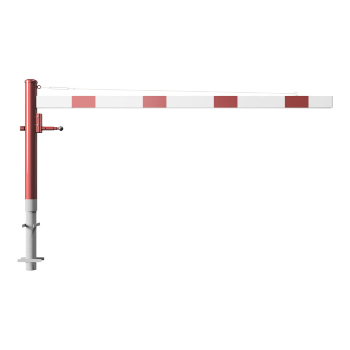 Schake Drehschranke 2,50m, für Vorhangschloss + Seilzugverstärkung, Drehpfosten: Ø 102mm, rot (RAL 3001) Schrankenarm: Aluminiumrohr 100x50mm, weiß / rot zum Einbetonieren