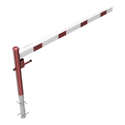 Schake Drehschranke 2,50m + Profilzylinderschloss + Seilzugverstärkung, Drehpfosten: Ø 102mm, rot (RAL 3001) Schrankenarm: Aluminiumrohr 100x50mm, weiß / rot zum Einbetonieren