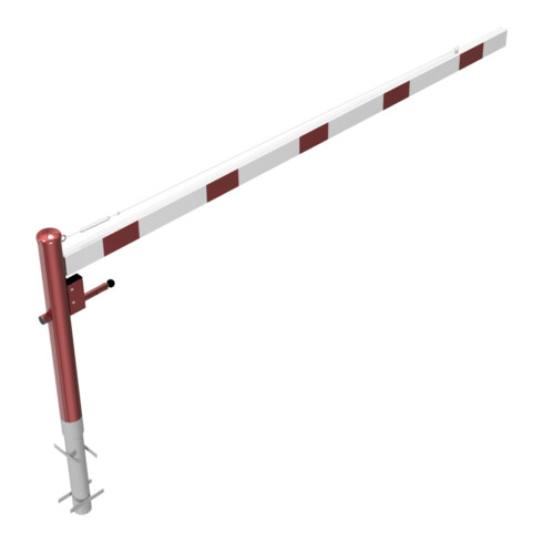 Schake Drehschranke 3,00m + Dreikantverschluss + Seilzugverstärkung, Drehpfosten: Ø 102mm, rot (RAL 3001) Schrankenarm: Aluminiumrohr 100x50mm, weiß / rot zum Einbetonieren