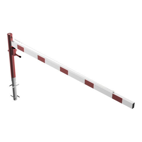 Schake Drehschranke 3,00m + Dreikantverschluss + Seilzugverstärkung, Drehpfosten: Ø 102mm, rot (RAL 3001) Schrankenarm: Aluminiumrohr 100x50mm, weiß / rot zum Einbetonieren