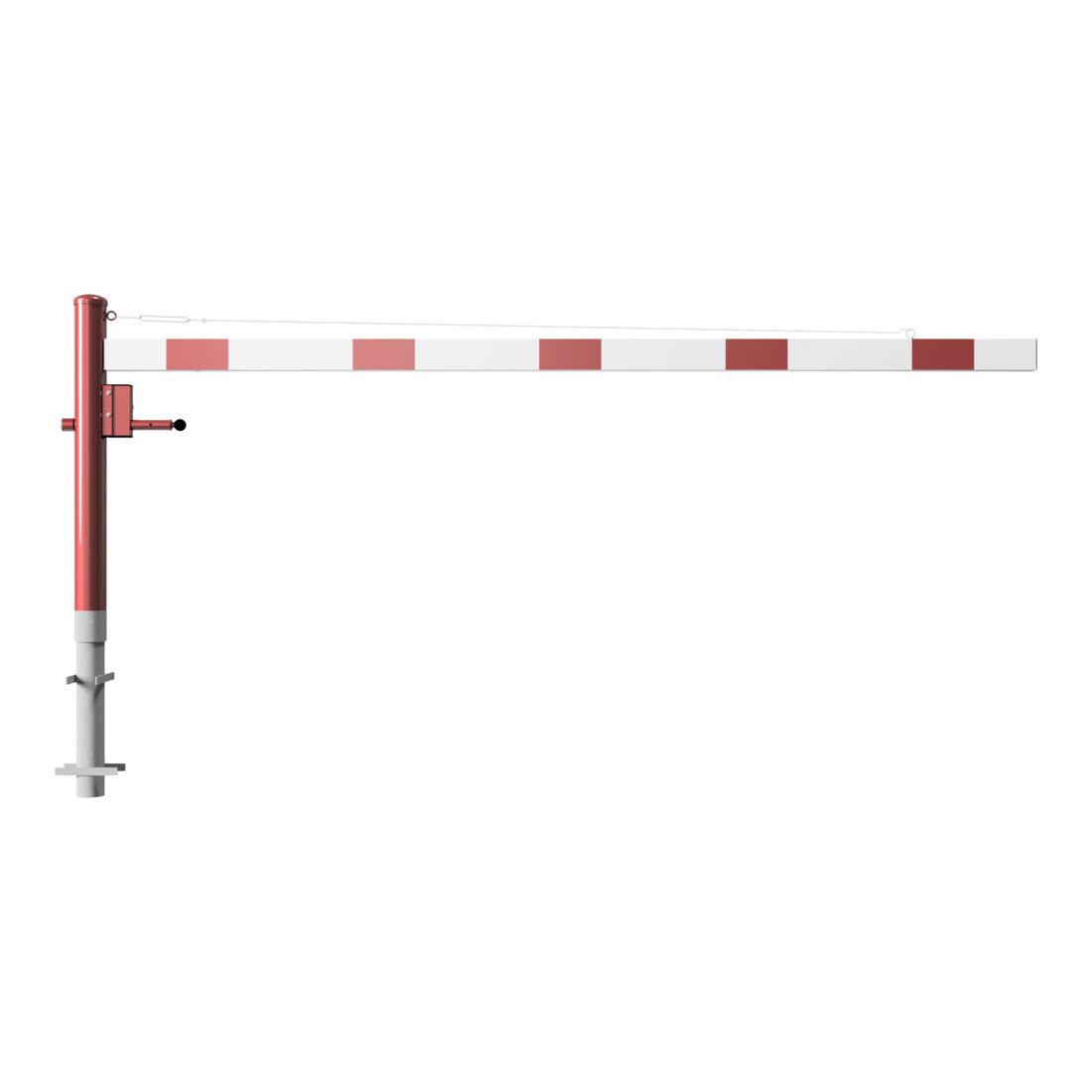 Schake Drehschranke 3,00m + Dreikantverschluss + Seilzugverstärkung, Drehpfosten: Ø 102mm, rot (RAL 3001) Schrankenarm: Aluminiumrohr 100x50mm, weiß / rot zum Einbetonieren