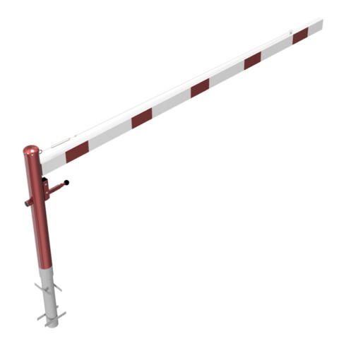 Schake Drehschranke 3,00m, für Vorhangschloss + Seilzugverstärkung, Drehpfosten: Ø 102mm, rot (RAL 3001) Schrankenarm: Aluminiumrohr 100x50mm, weiß / rot zum Einbetonieren