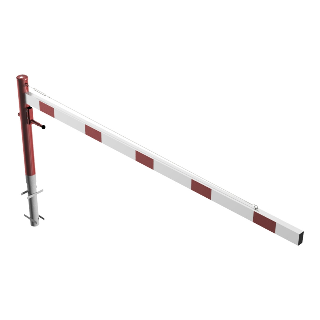 Schake Drehschranke 3,00m, für Vorhangschloss + Seilzugverstärkung, Drehpfosten: Ø 102mm, rot (RAL 3001) Schrankenarm: Aluminiumrohr 100x50mm, weiß / rot zum Einbetonieren
