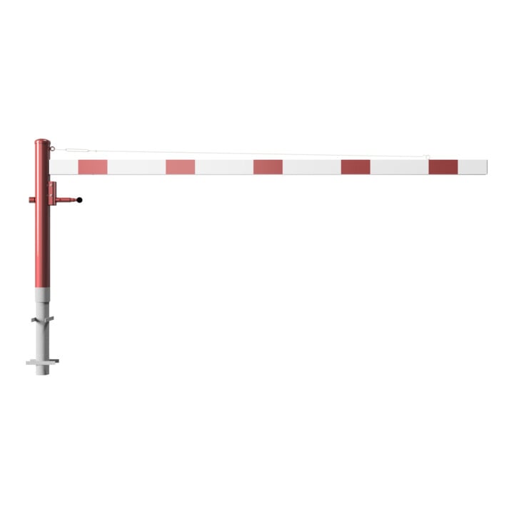 Schake Drehschranke 3,00m, für Vorhangschloss + Seilzugverstärkung, Drehpfosten: Ø 102mm, rot (RAL 3001) Schrankenarm: Aluminiumrohr 100x50mm, weiß / rot zum Einbetonieren