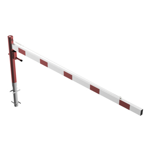 Schake Drehschranke 3,00m + Profilzylinderschloss + Seilzugverstärkung, Drehpfosten: Ø 102mm, rot (RAL 3001) Schrankenarm: Aluminiumrohr 100x50mm, weiß / rot zum Einbetonieren