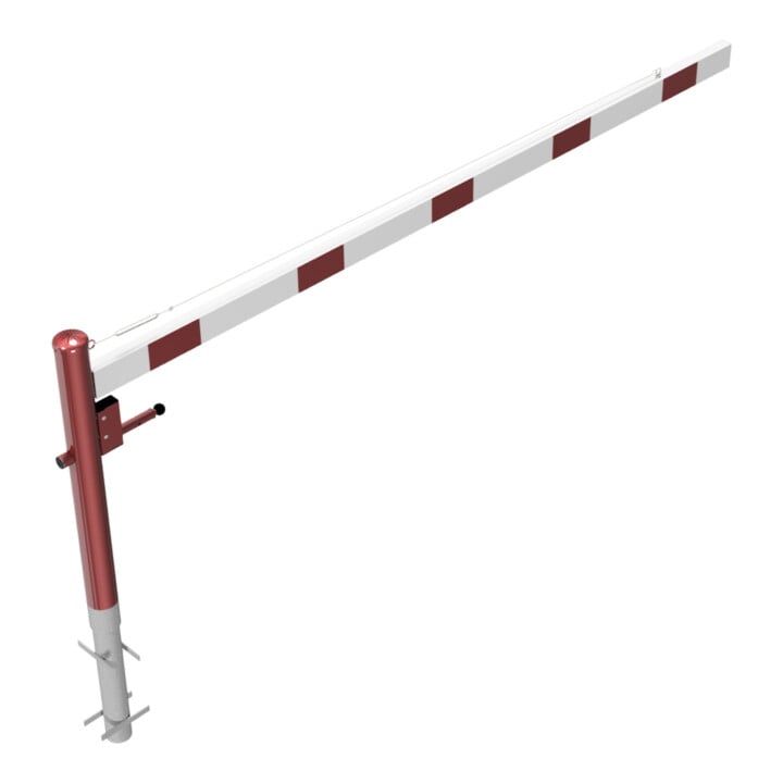 Schake Drehschranke 3,00m + Profilzylinderschloss + Seilzugverstärkung, Drehpfosten: Ø 102mm, rot (RAL 3001) Schrankenarm: Aluminiumrohr 100x50mm, weiß / rot zum Einbetonieren