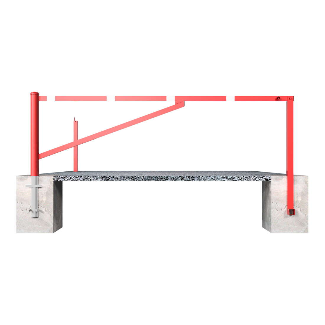 Schake Drehschranke 3,50m + Dreikantverschluß Drehpfosten: Ø 102mm, Schrankenarm: 60x40mm inkl. 2 Auflagepfosten, zum Einbetonieren, beschichtet, rot / weiß