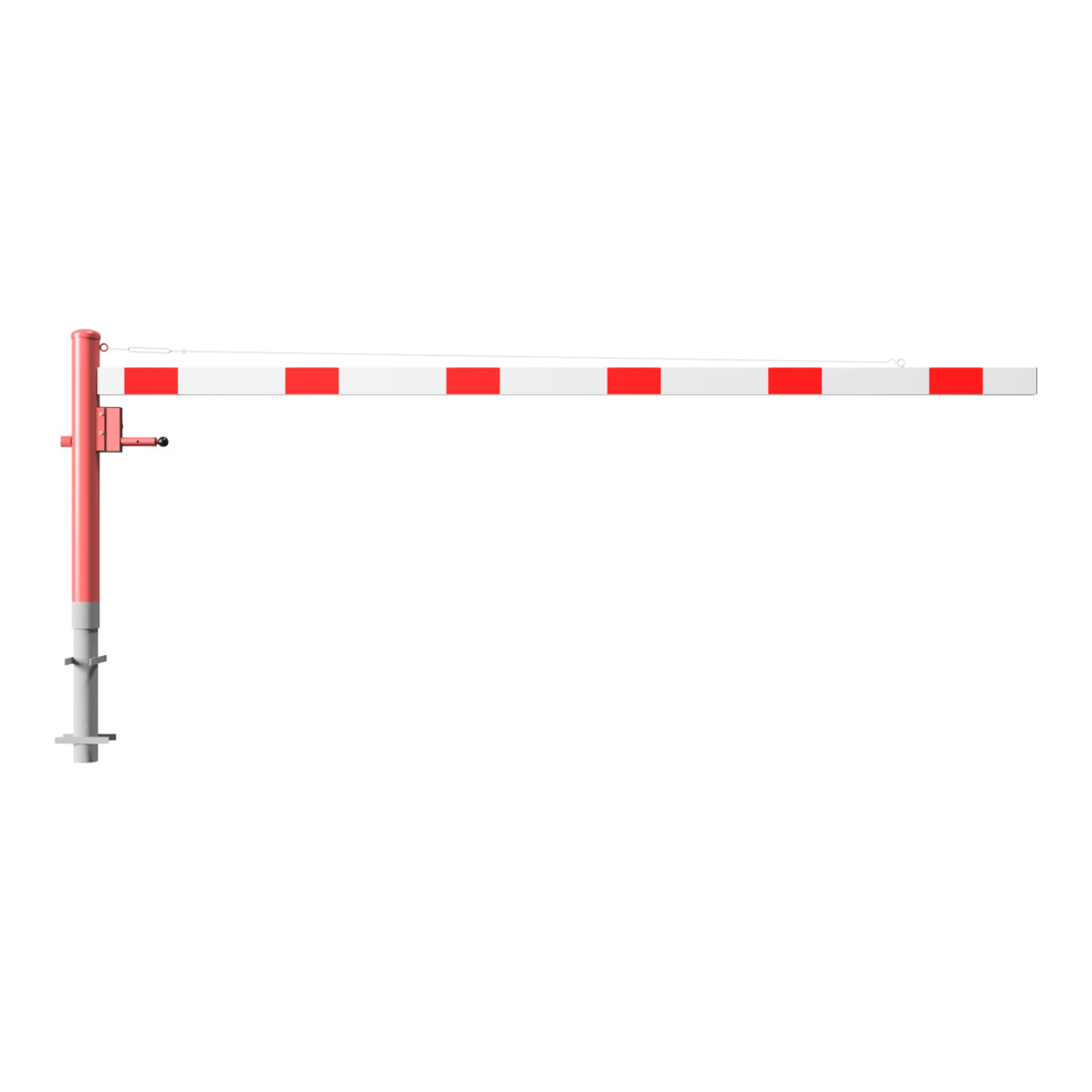 Schake Drehschranke 3,50m + Dreikantverschluss + Seilzugverstärkung, Drehpfosten: Ø 102mm, rot (RAL 3001) Schrankenarm: Aluminiumrohr 100x50mm, weiß / rot zum Einbetonieren