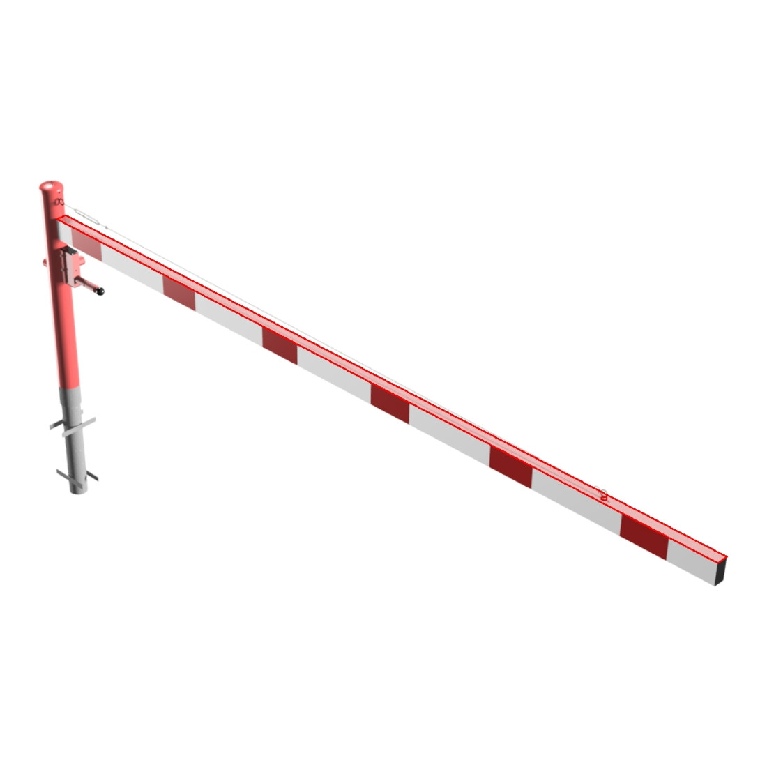 Schake Drehschranke 3,50m + Dreikantverschluss + Seilzugverstärkung, Drehpfosten: Ø 102mm, rot (RAL 3001) Schrankenarm: Aluminiumrohr 100x50mm, weiß / rot zum Einbetonieren