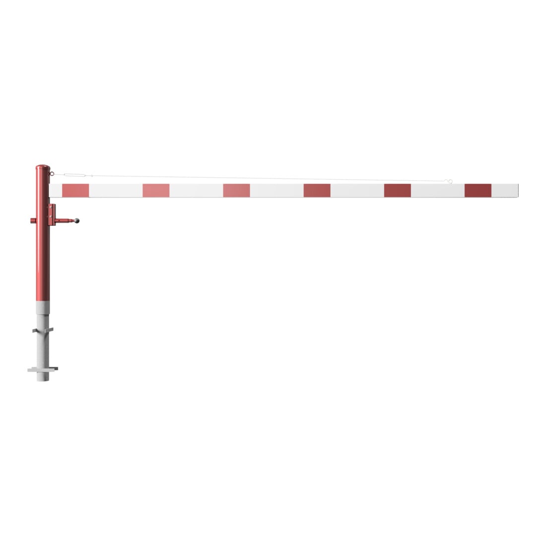 Schake Drehschranke 3,50m, für Vorhangschloss + Seilzugverstärkung, Drehpfosten: Ø 102mm, rot (RAL 3001) Schrankenarm: Aluminiumrohr 100x50mm, weiß / rot zum Einbetonieren