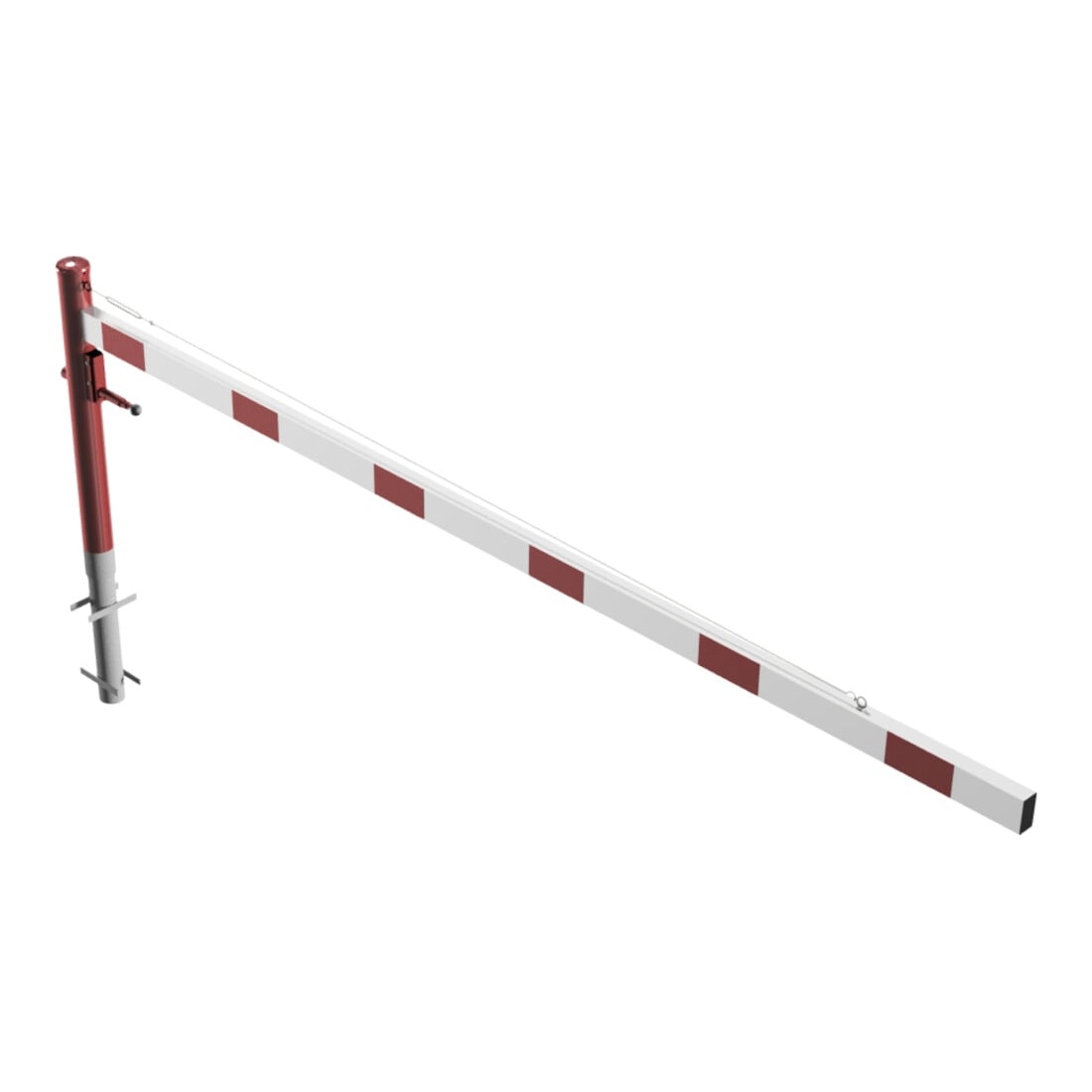 Schake Drehschranke 3,50m, für Vorhangschloss + Seilzugverstärkung, Drehpfosten: Ø 102mm, rot (RAL 3001) Schrankenarm: Aluminiumrohr 100x50mm, weiß / rot zum Einbetonieren