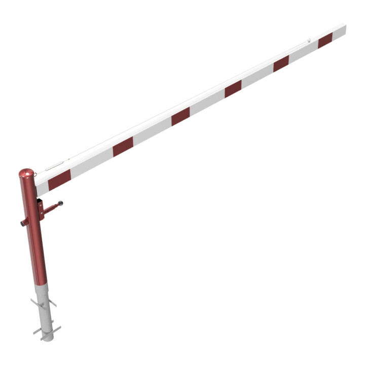 Schake Drehschranke 3,50m, für Vorhangschloss + Seilzugverstärkung, Drehpfosten: Ø 102mm, rot (RAL 3001) Schrankenarm: Aluminiumrohr 100x50mm, weiß / rot zum Einbetonieren