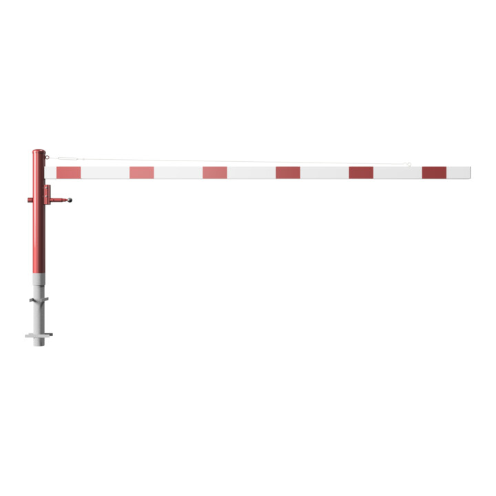 Schake Drehschranke 3,50m, für Vorhangschloss + Seilzugverstärkung, Drehpfosten: Ø 102mm, rot (RAL 3001) Schrankenarm: Aluminiumrohr 100x50mm, weiß / rot zum Einbetonieren