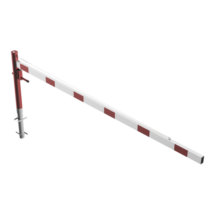 Schake Drehschranke 3,50m + Profilzylinderschloss + Seilzugverstärkung, Drehpfosten: Ø 102mm, rot (RAL 3001) Schrankenarm: Aluminiumrohr 100x50mm, weiß / rot zum Einbetonieren