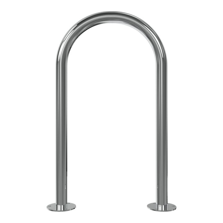 Schake Edelstahl, Rundbügel Ø48 mm Breite: 460mm, Höhe: 800mm + Bodenplatten zum Aufdübeln, geschliffen