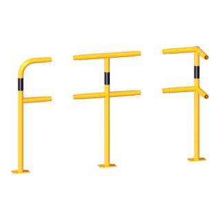 Schake Endpfosten gebogen für Schutzgeländer Ø48mm Breite: ca. 250mm, Höhe: 1000 mm + Querholm + Bodenplatten zum Aufdübeln, beschichtet, gelb/schwarz
