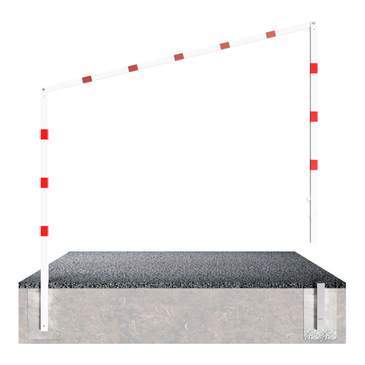Schake Höhenbegrenzer 70x70mm, schwenkbar, zum Einbetonieren, 2,00m Gesamtbreite: 4,00m, weiß / rot + Bodenhülse