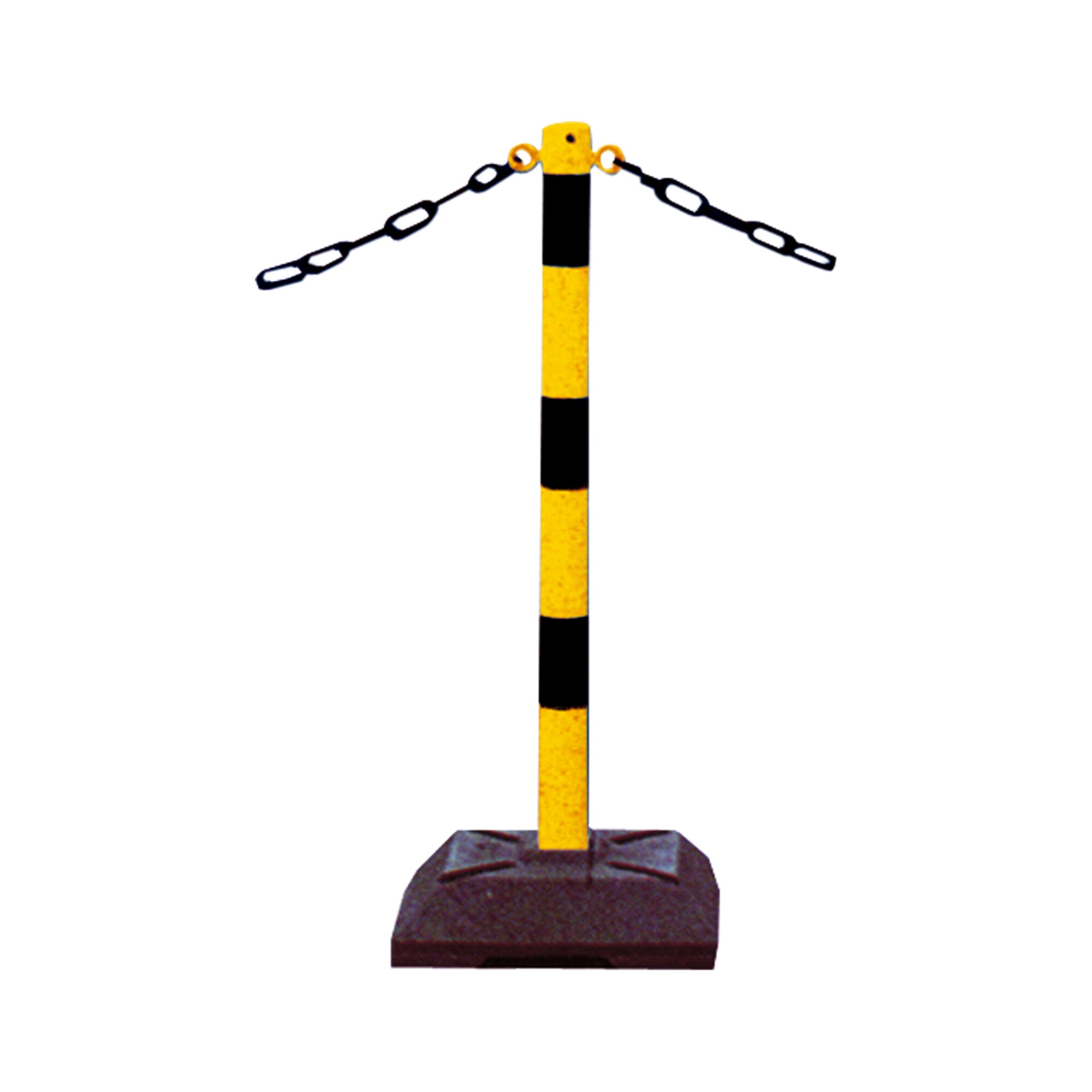 Schake Kettenständer Pfosten aus Stahl Ø 60mm, Länge: 900mm feuerverzinkt, gelb/schwarz, mit 2 Ösen inkl. Recycling - Fußplatte 400x400mm