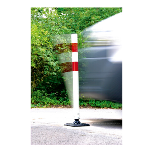 Schake Kickback©, Poller Ø60mm Typ 4260B, ortsfest, zum Aufdübeln, inkl. Grundplatte 200x200x30mm weiß / 2 rote Streifen