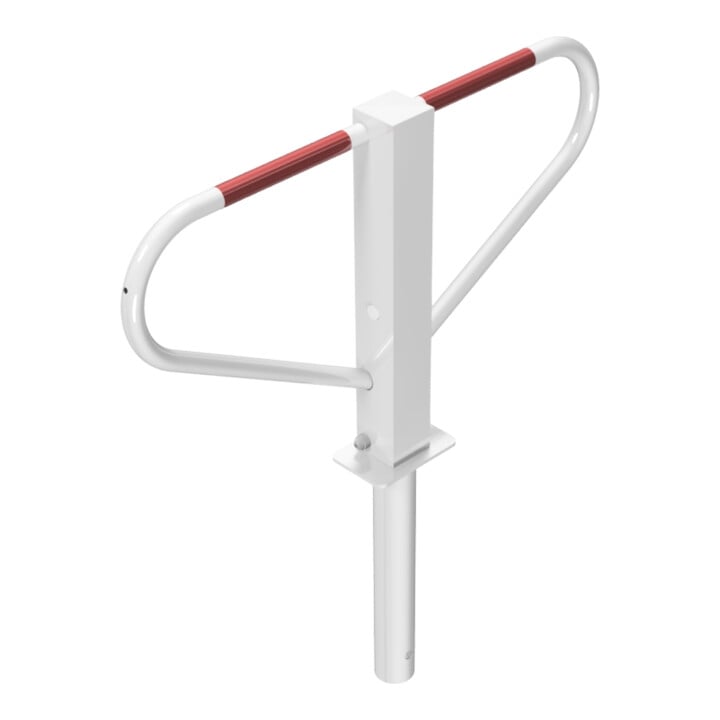 Schake Parkplatzsperre Typ 40771B, umlegbar, 70x70mm, Überflur 500mm, + Rundrohrbügeln, Gesamtbreite 800mm + Rund, Zylinderschloß, z. Einbetonieren weiß / rot
