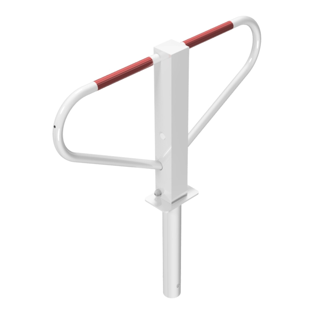 Schake Parkplatzsperre Typ 40771B, umlegbar, 70x70mm, Überflur 500mm, + Rundrohrbügeln, Gesamtbreite 800mm + Rund, Zylinderschloß, z. Einbetonieren weiß / rot