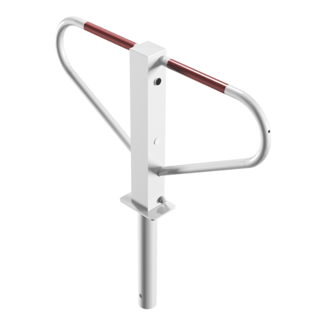 Schake Parkplatzsperre Typ 40771B, umlegbar, 70x70mm, Überflur 500mm, + Rundrohrbügeln, Gesamtbreite 800mm + Rund, Zylinderschloß, z. Einbetonieren weiß / rot