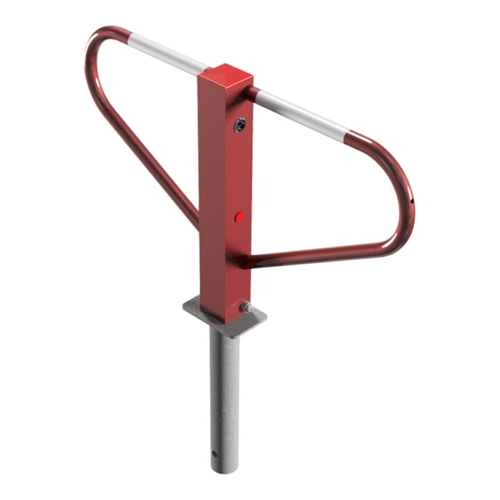 Schake Parkplatzsperre Typ 40773B, umlegbar, 70x70mm, Überflur 500mm, + Rundrohrbügeln, Gesamtbreite 800mm + 8mm Dreikantverschluß, z. Einbetonieren rot/weiß inkl. 8mm Dreikantschlüssel