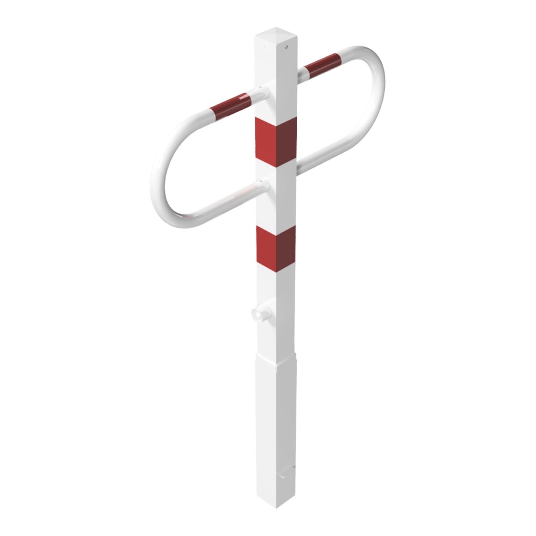 Schake Parkplatzsperre Typ 471FB, 70x70mm, herausnehmbar + Dreikantverschluß, Breite 800mm, Höhe Überflur 900mm, weiß / rot + Bodenhülse