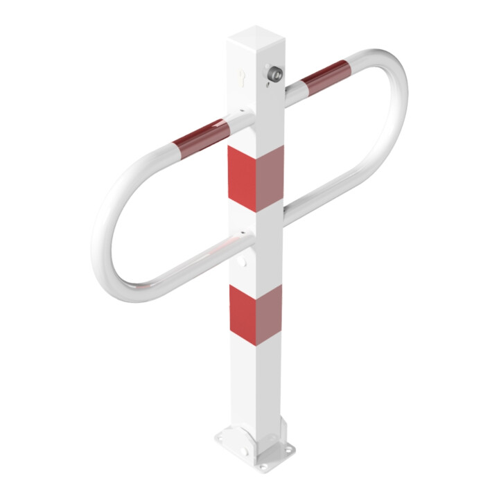 Schake Parkplatzsperre Typ 471UZB, 70x70mm, umlegbar, Breite 800mm Überflur 900mm + Profilzylinder, weiß / rot