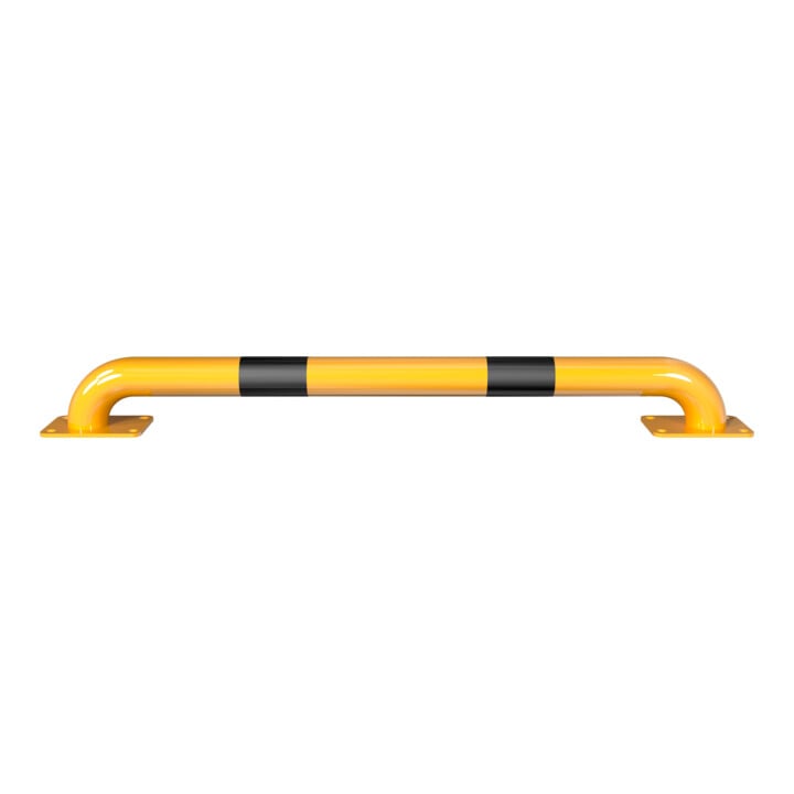 Set Schake Rammschutz, Bügel Stahlrundrohr Ø 60mm, zum Aufdübeln Bodenplatte 100x150 mm gelb pulverbeschichtet + schwarzen Streifen, Breite 1500mm, Höhe 115 mm + BefestigungsschraubensatzTyp 1