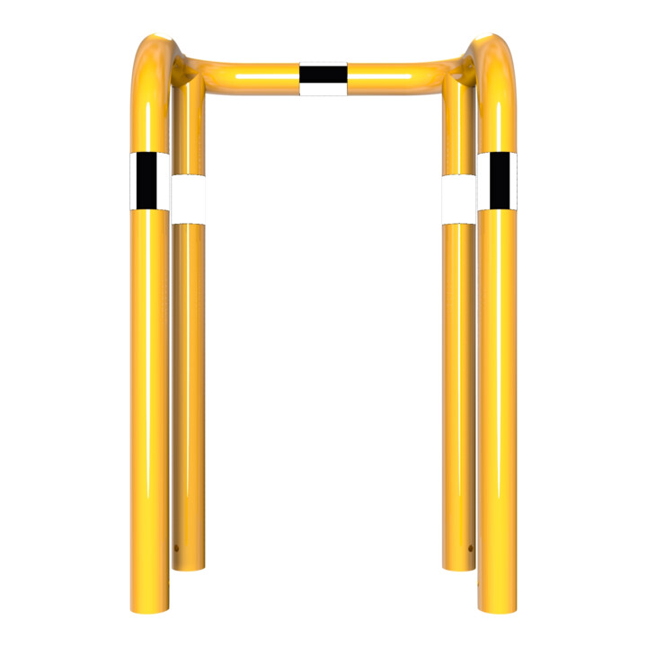 Schake Rammschutzbügel Doppelbügel, Gesamttiefe 400 mm + 4 Standpfosten gelb/schwarz Breite: 750 mm, Höhe Überflur: 650 mm zum Einbetonieren
