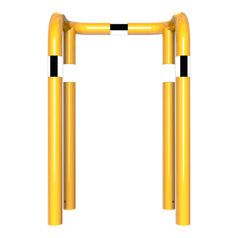 Schake Rammschutzbügel Doppelbügel, Gesamttiefe 400 mm + 4 Standpfosten gelb/schwarz Breite: 750 mm, Höhe Überflur: 650 mm zum Einbetonieren