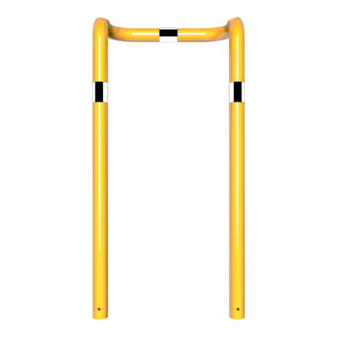 Schake Rammschutzbügel Doppelbügel, vertiefte Ausführung Gesamttiefe: ca. 350mm + 2 Standpfosten gelb/schwarz Breite: 750 mm, Höhe Überflur: 1150 mm zum Einbetonieren