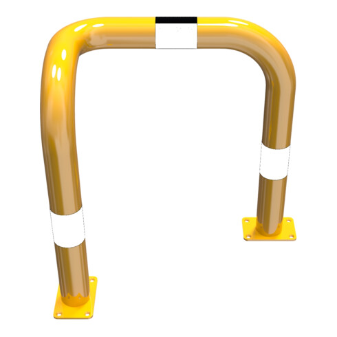 Schake Rammschutzbügel Einseitig, vertiefte Ausführung Gesamttiefe: ca. 350 mm Einseitig links gelb/schwarz Breite: 600 mm, Höhe Überflur: 650 mm zum Aufdübeln