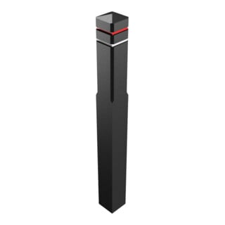 Schake Recyclingpfosten Vierkant 140x140mm, Gesamtlänge: 1400mm + zwei Fräsungen 15mm, zwei Reflektorbänder (oben rot, unten weiß), Farbe: schwarz