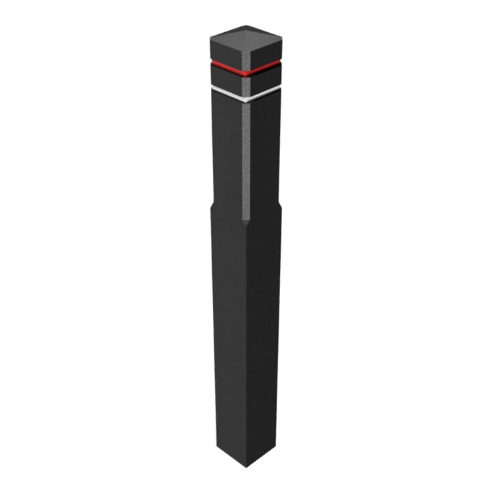 Schake Recyclingpfosten Vierkant 140x140mm, Gesamtlänge: 1400mm + zwei Fräsungen 15mm, zwei Reflektorbänder (oben rot, unten weiß), Farbe: schwarz