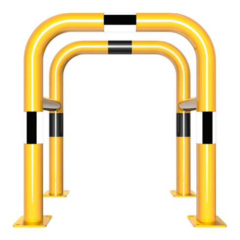 Schake Säulenschutz bestehend aus 2 Steckbaren Rohrbügeln Ø60mm + angeschweißte Stutzen Ø48mm zum ineinanderstecken, Breite: 600mm x: 600mm, Höhe: 650mm, gelb + schwarzen Streifen