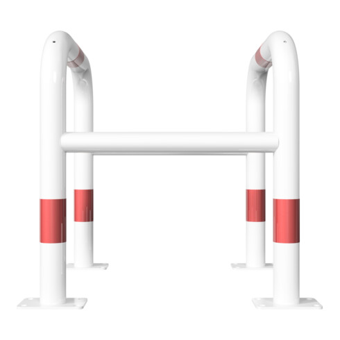 Schake Säulenschutz bestehend aus 2 Steckbaren Rohrbügeln Ø60mm + angeschweißte Stutzen Ø48mm zum ineinanderstecken, Breite: 600mm x: 600mm, Höhe: 650mm, weiß + roten Streifen