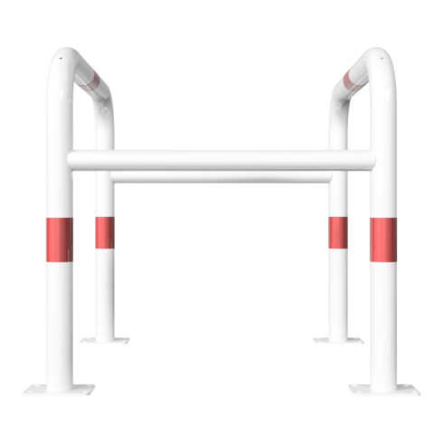 Schake Säulenschutz bestehend aus 2 Steckbaren Rohrbügeln Ø60mm + angeschweißte Stutzen Ø48mm zum ineinanderstecken, Breite: 800mm x: 800mm, Höhe: 800mm, weiß + roten Streifen