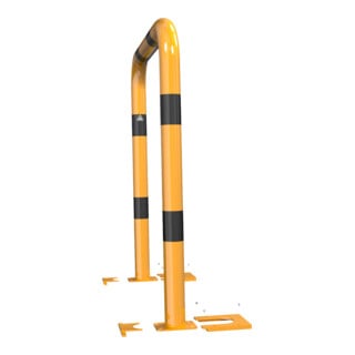 Schake Schutzbügel Ø76 mm, Breite 1000 mm, Höhe über Flur 1150mm, gelb / schwarz, abnehmbar + Bodenplatte 160x180mm