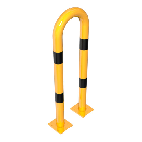 Schake Schutzbügel Ø76 mm, Breite 400 mm, Höhe über Flur 1150mm, gelb / schwarz, abnehmbar + Bodenplatte 160x180mm