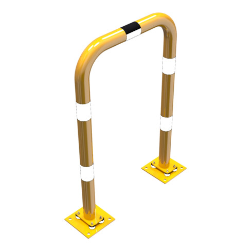 Schake Schutzbügel Ø76 mm, Breite 750 mm, Höhe über Flur 1150 mm, gelb / schwarz, elastisch neigbar + Bodenplatte 220x220mm